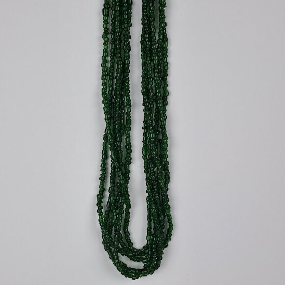 Long Multi Strand Green Glass Seed Bead Necklace w/ Silver Tone Beads - Picture 11 of 16